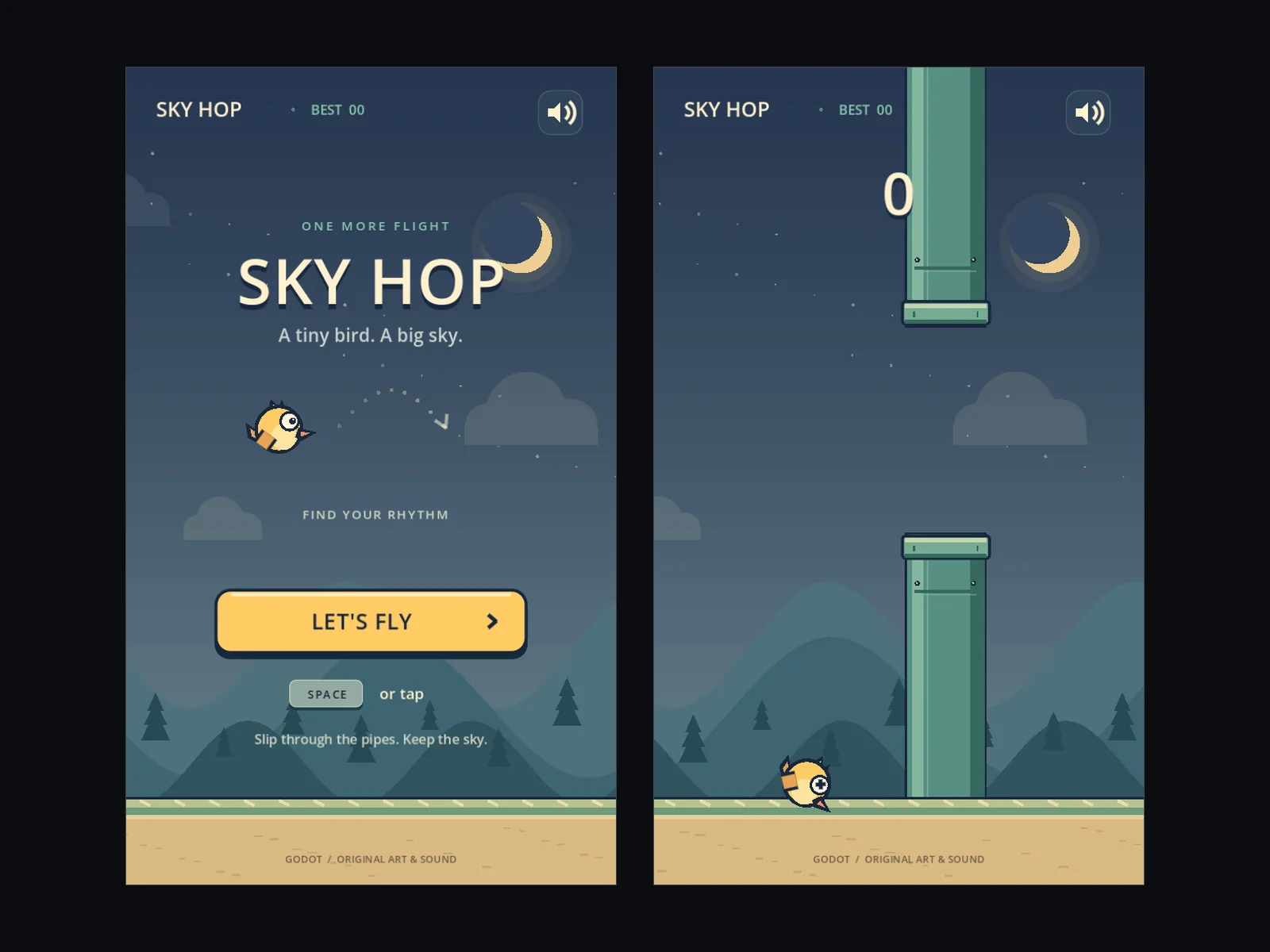 Sky Hop 标题页与管道关卡实机画面