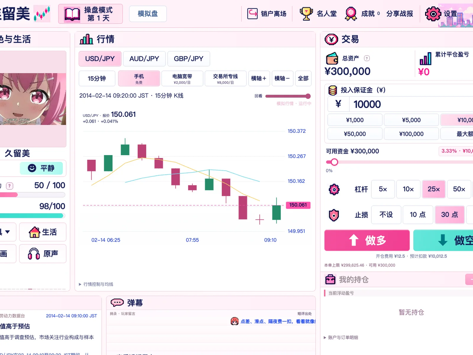 交易室：K 线、持仓与保证金、点差与强平线